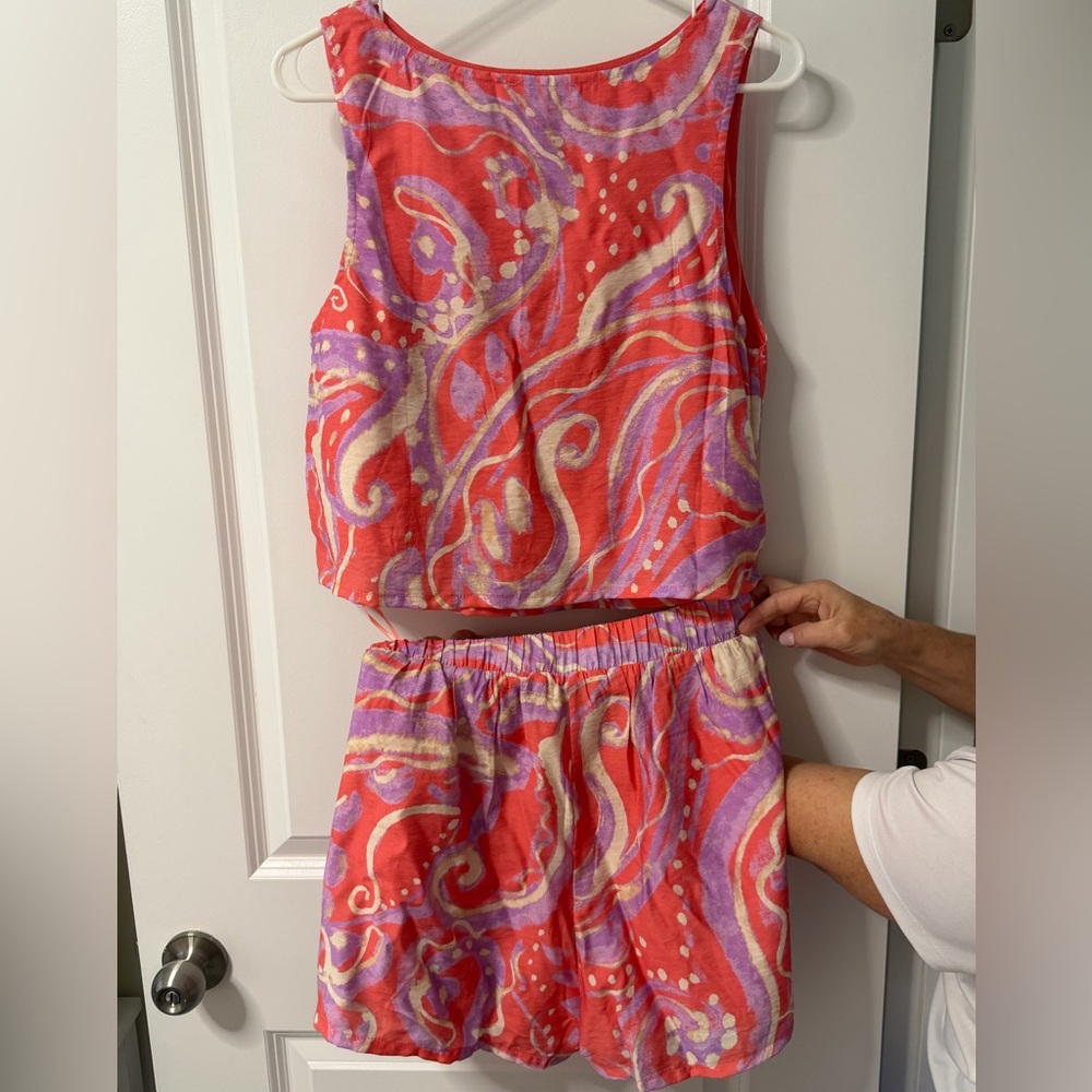 Two-Piece Coral & Lavender Swirl Crop Top + Skirt Set